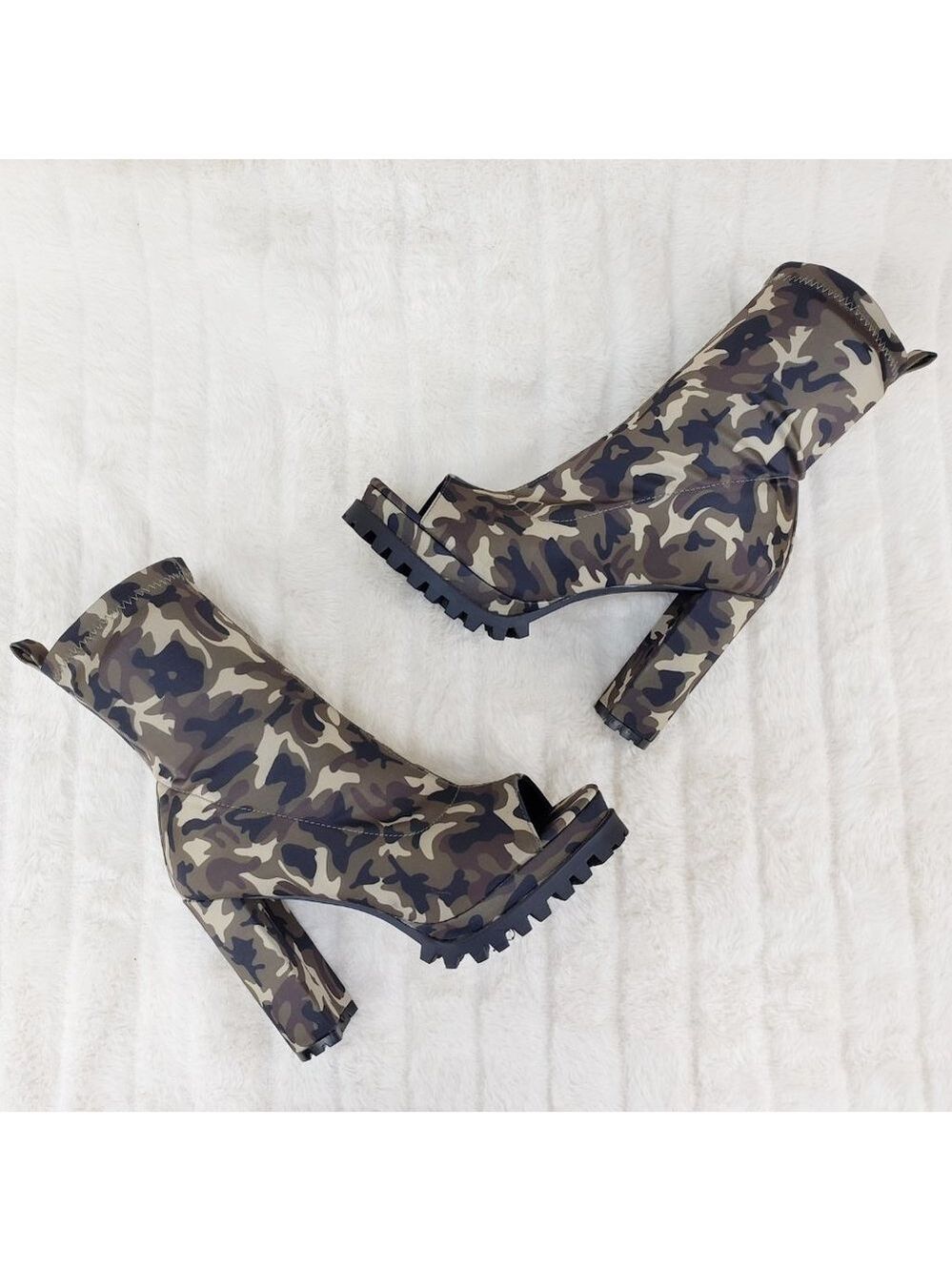 Natalie Camo Chunky Heel Stretch Open Toe Ankle Boots RESTOCKED - Picture 4 of 10